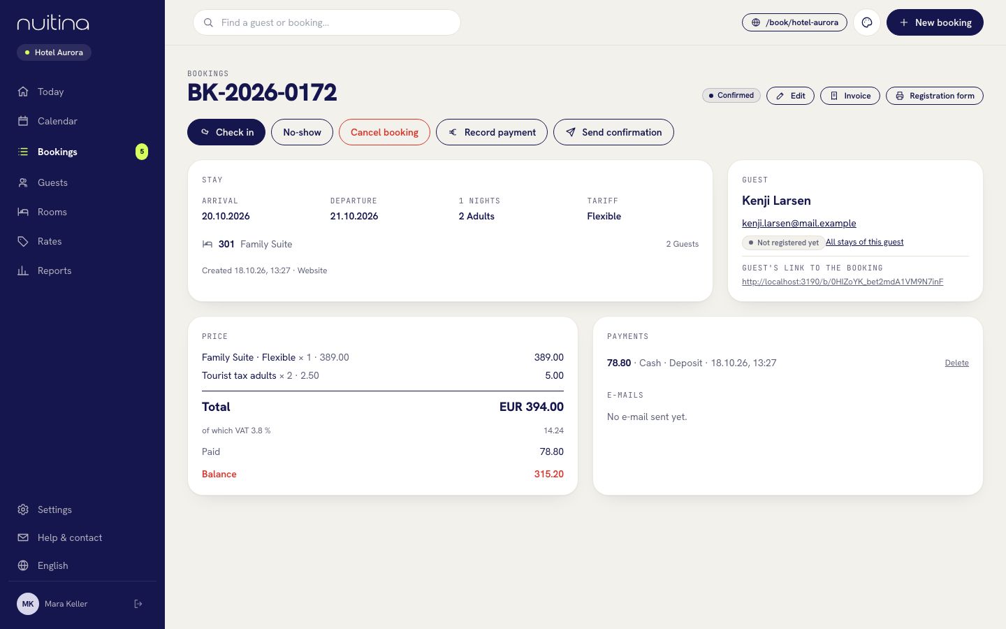 One booking with payments and actions