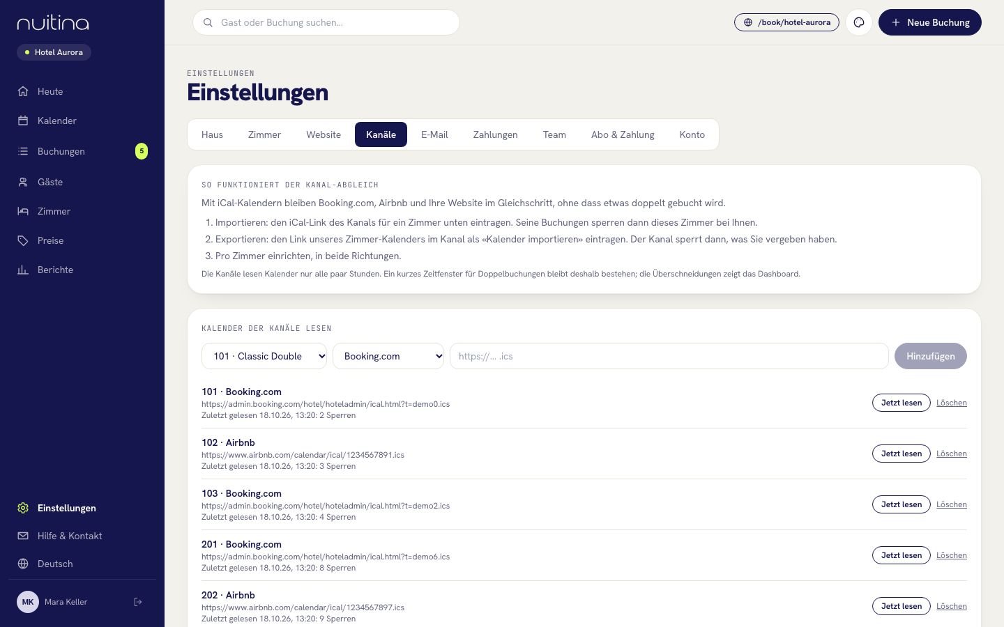 Kanal-Einstellungen mit den Kalenderlinks