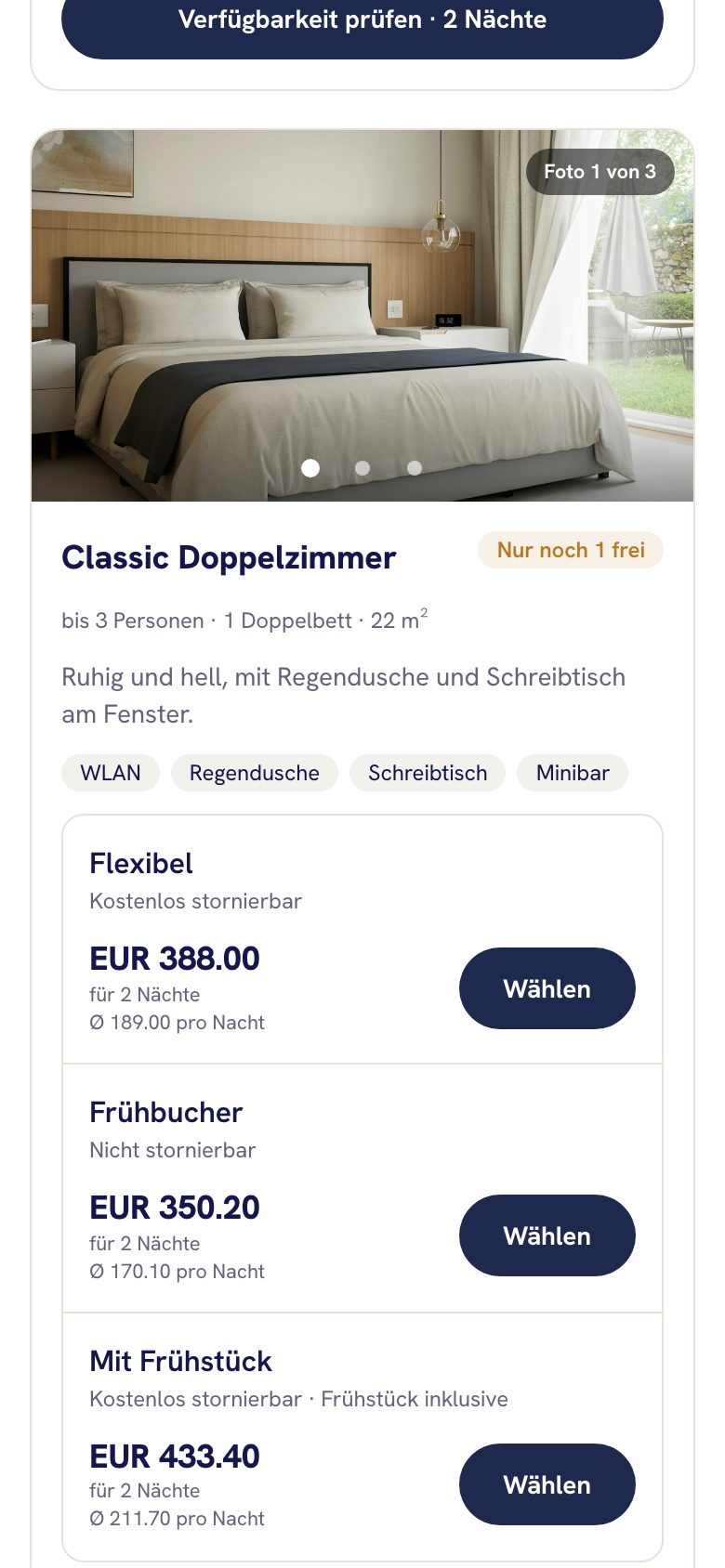 Die Buchungsseite auf dem Handy