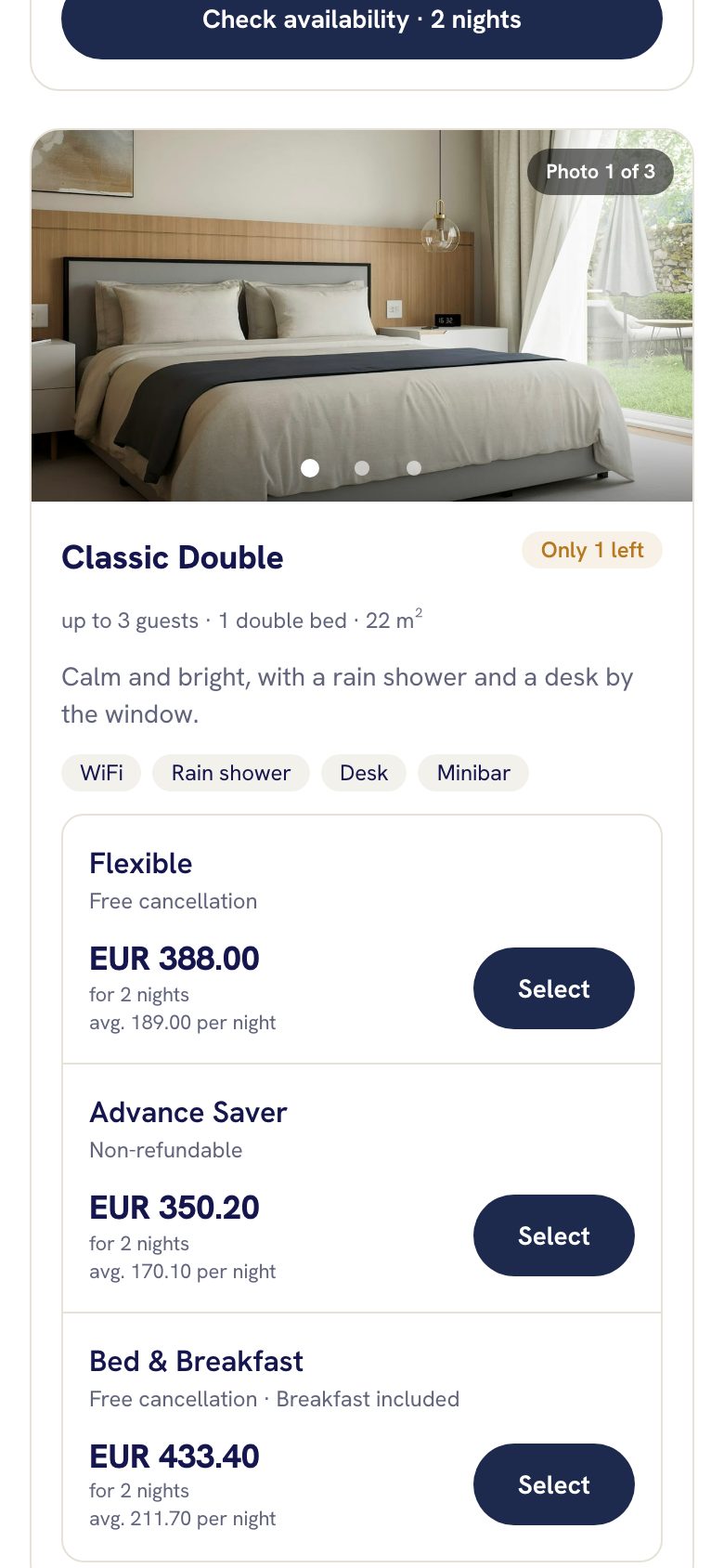 The booking page on a phone