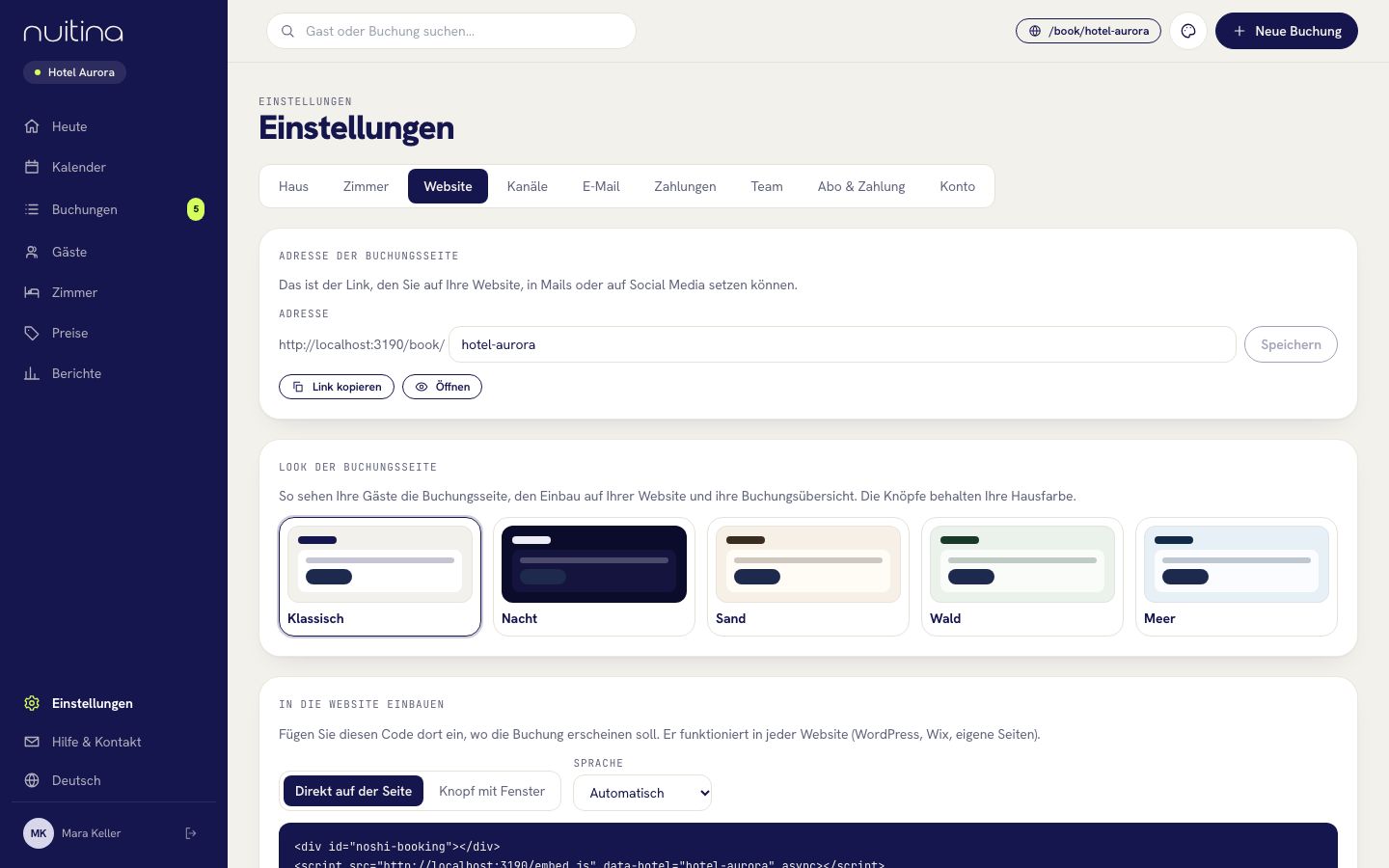 Website-Einstellungen mit dem Einbau-Code