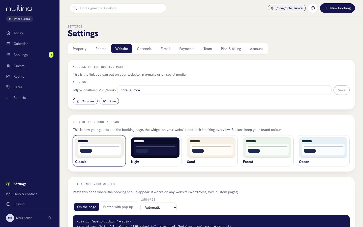 Los ajustes del sitio web con el código de integración